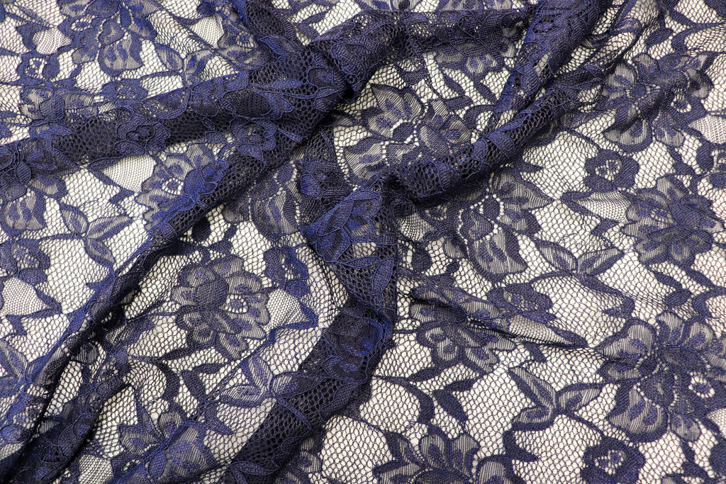 Navy Floral Mesh Lace Fabric Large Flower Design