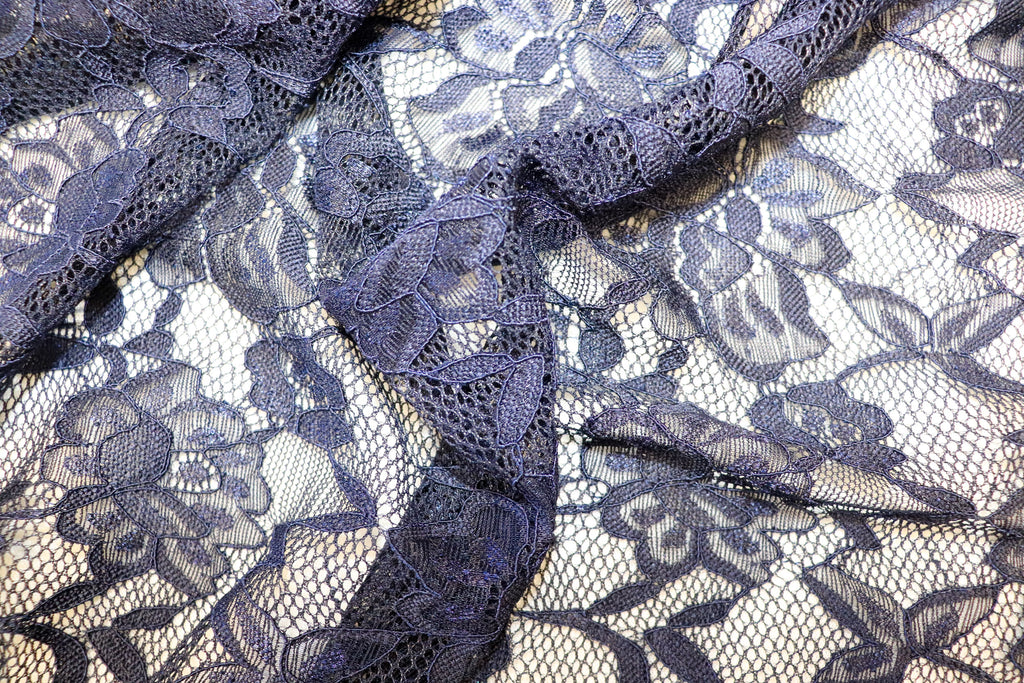 Navy Floral Mesh Lace Fabric Large Flower Design