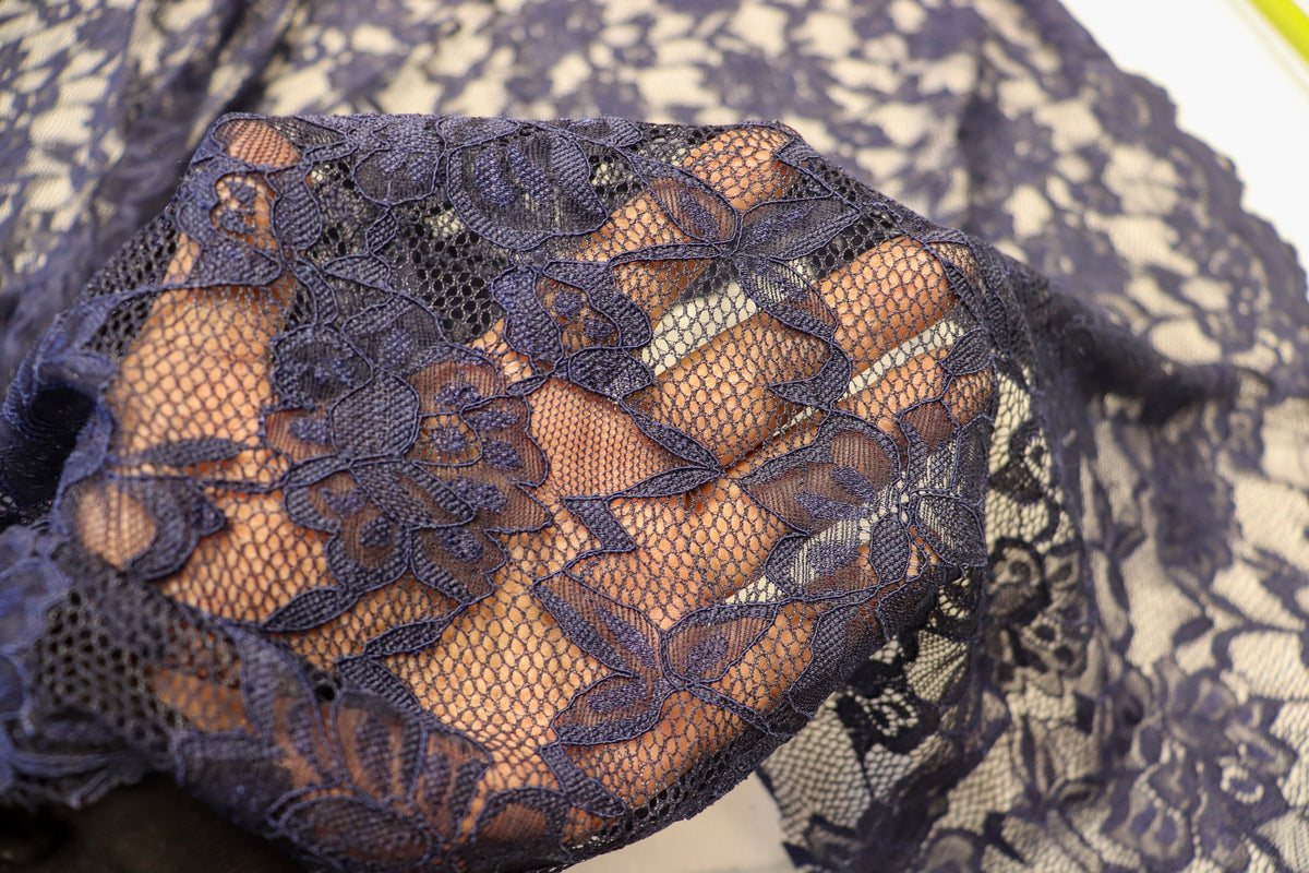 Navy Floral Mesh Lace Fabric Large Flower Design