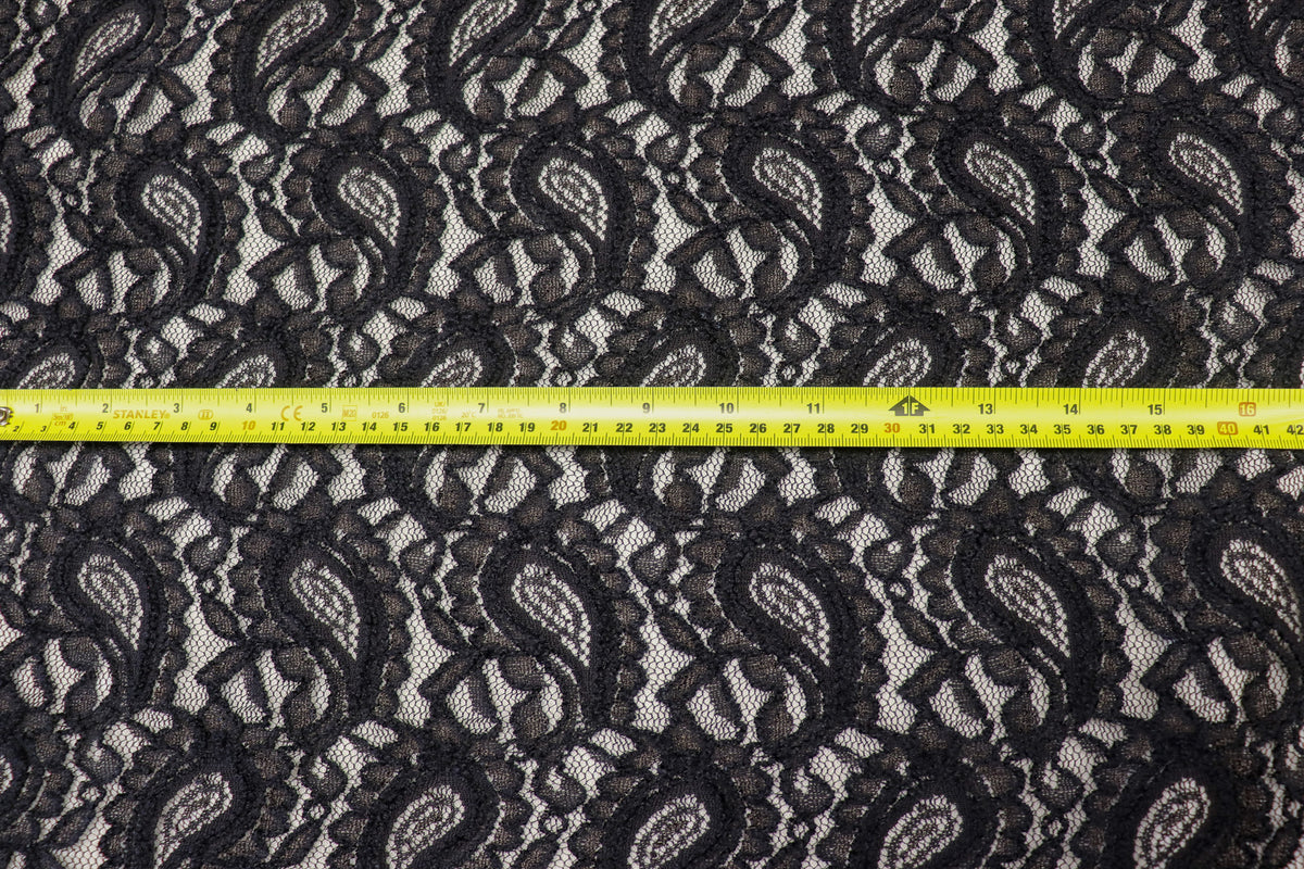 Black Paisley Lace Mesh Fabric with Light Stretch