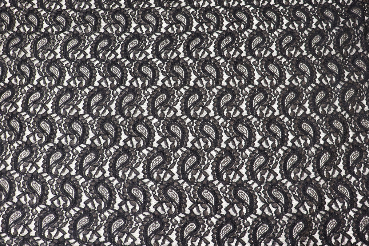 Black Paisley Lace Mesh Fabric with Light Stretch