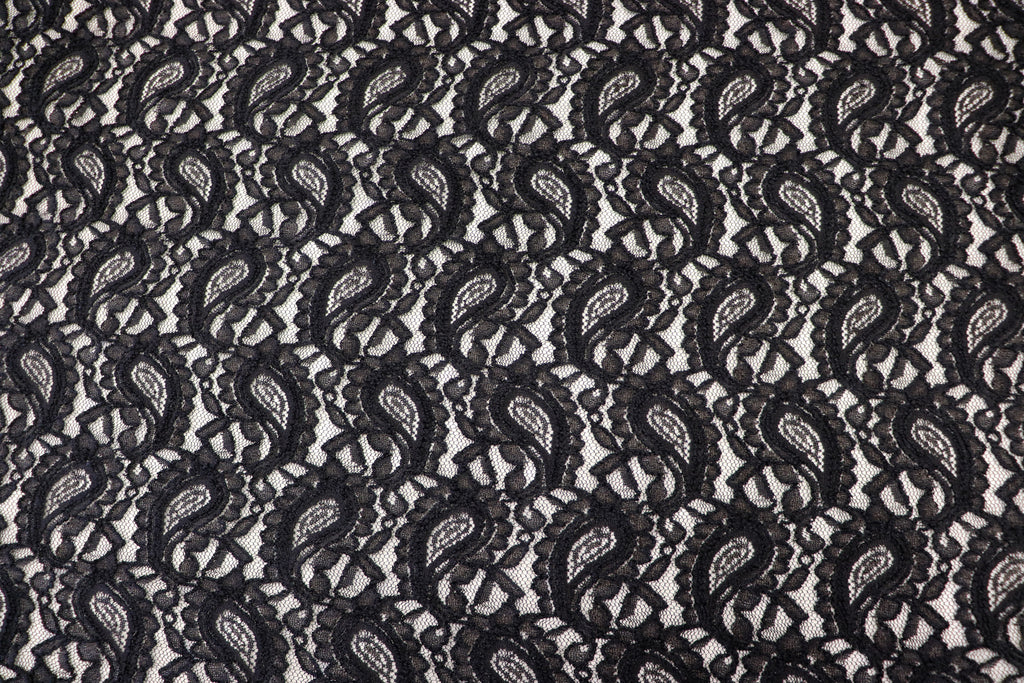 Black Paisley Lace Mesh Fabric with Light Stretch
