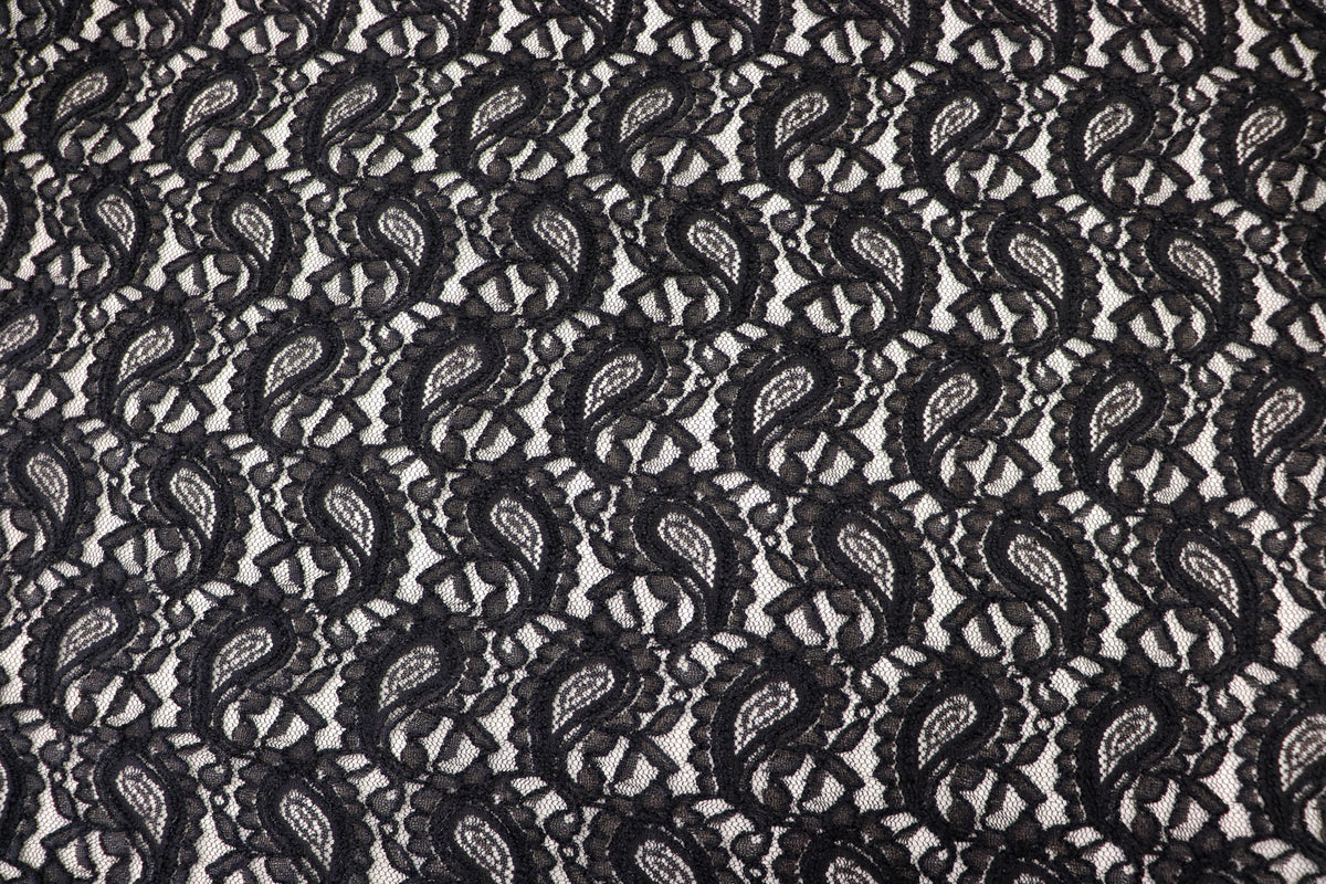 Black Paisley Lace Mesh Fabric with Light Stretch