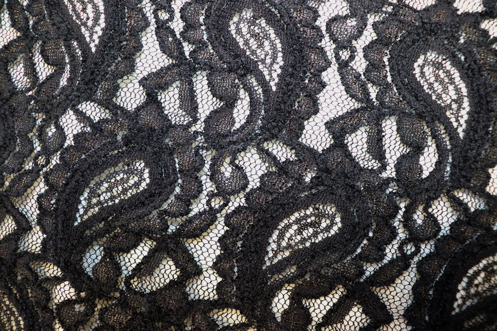 Black Paisley Lace Mesh Fabric with Light Stretch