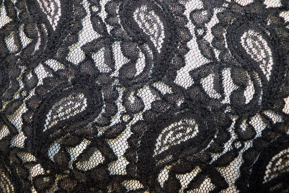 Black Paisley Lace Mesh Fabric with Light Stretch
