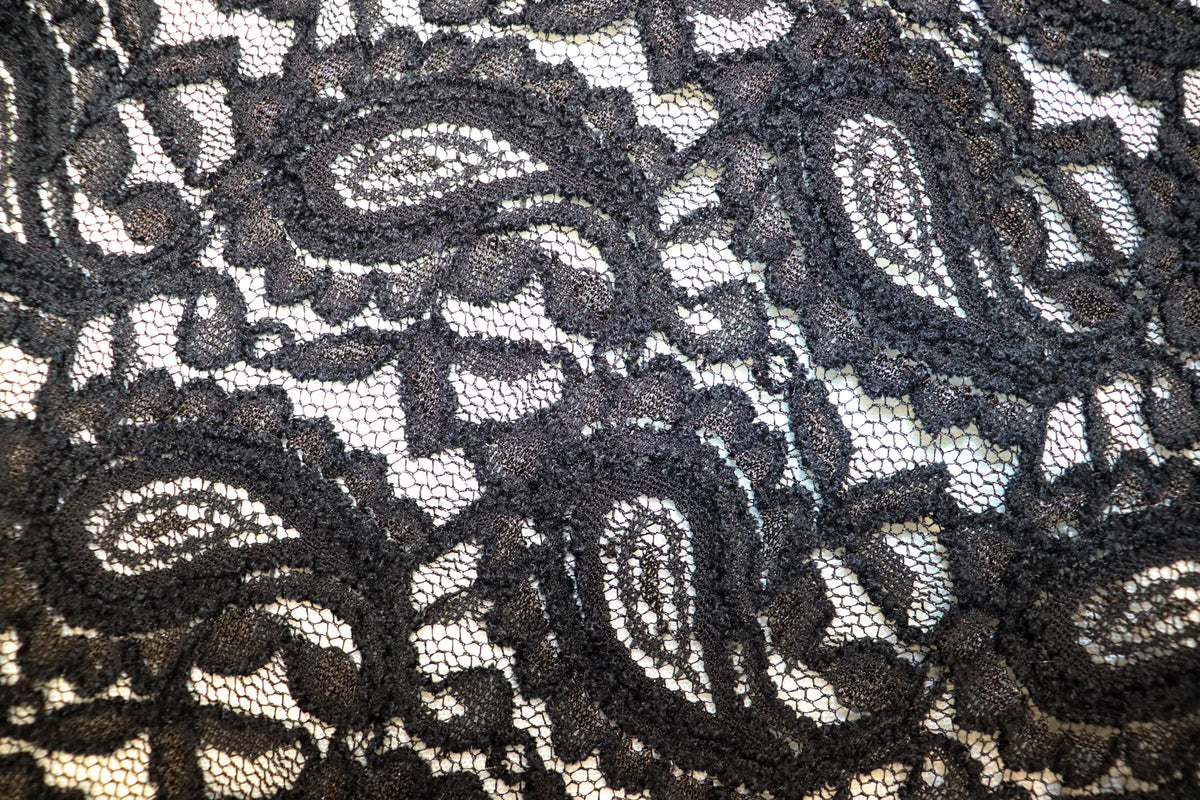 Black Paisley Lace Mesh Fabric with Light Stretch