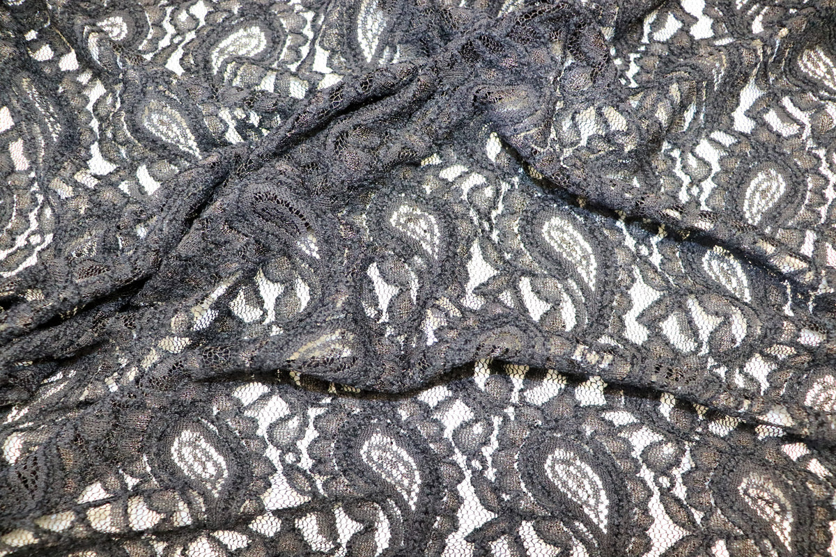 Black Paisley Lace Mesh Fabric with Light Stretch