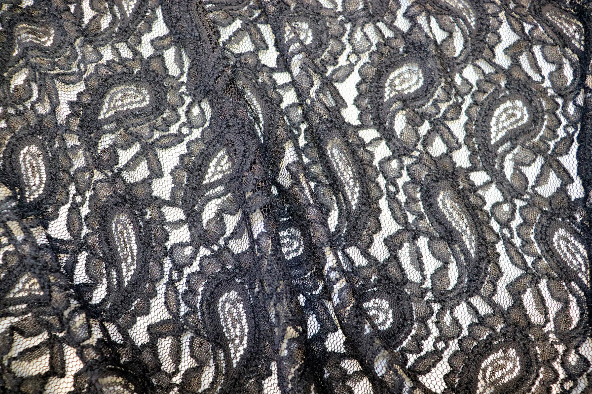 Black Paisley Lace Mesh Fabric with Light Stretch