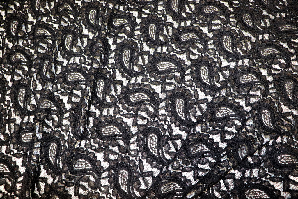 Black Paisley Lace Mesh Fabric with Light Stretch