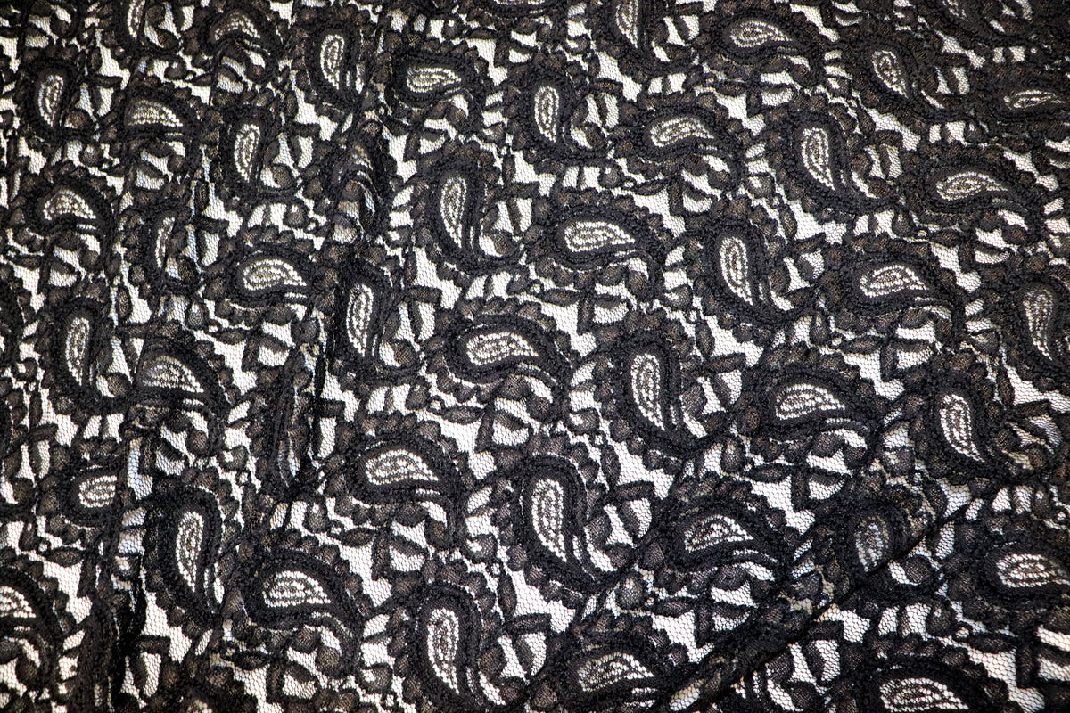 Black Paisley Lace Mesh Fabric with Light Stretch