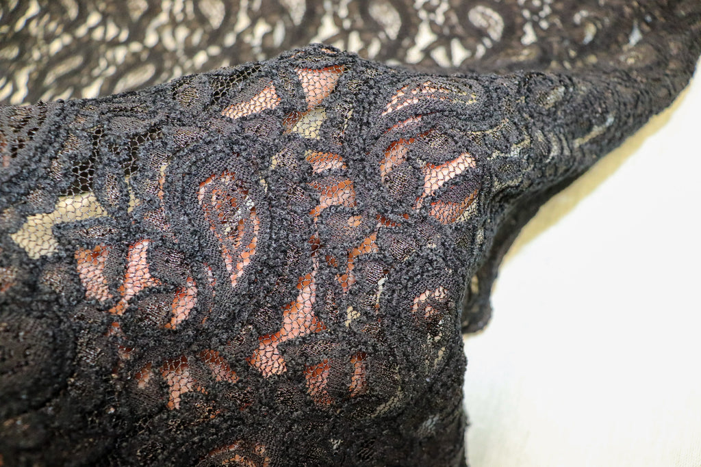 Black Paisley Lace Mesh Fabric with Light Stretch