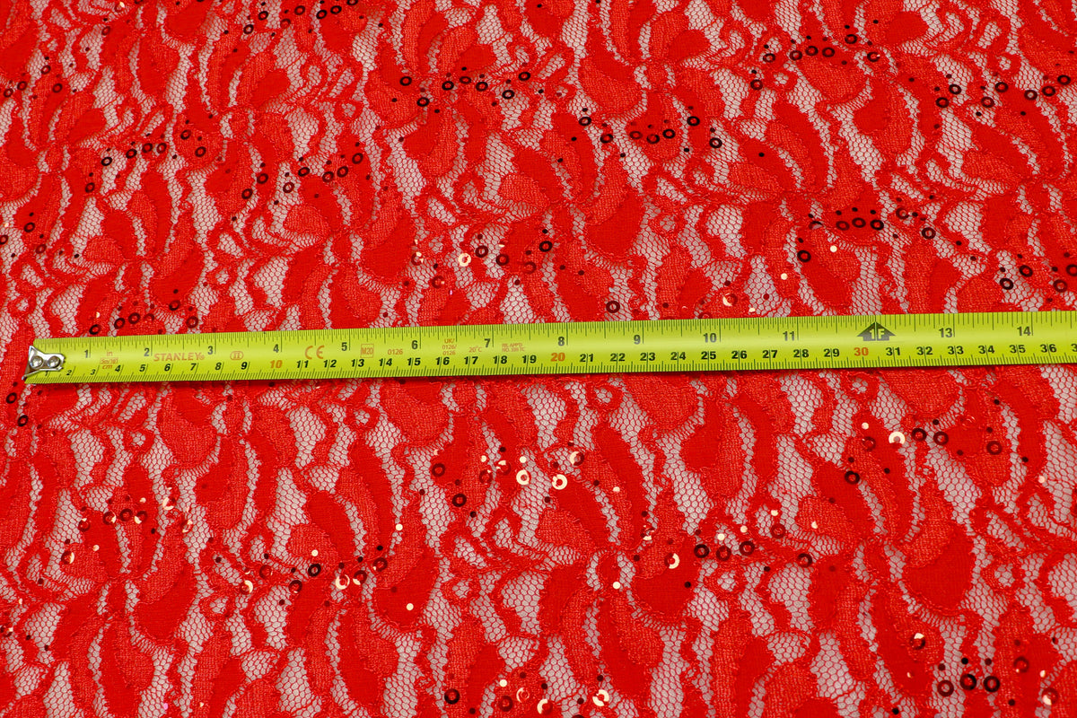 Red Floral Lace Fabric with Shiny Sequins and Light Stretch