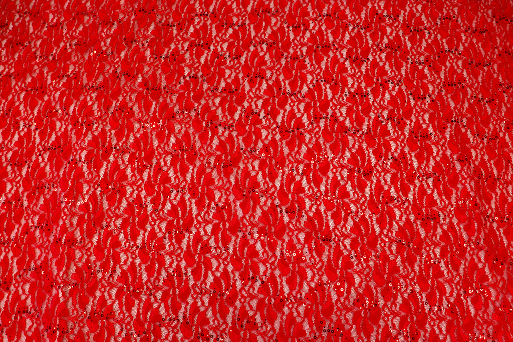 Red Floral Lace Fabric with Shiny Sequins and Light Stretch