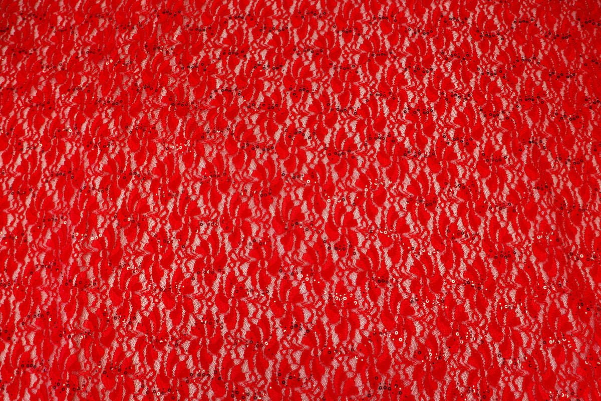 Red Floral Lace Fabric with Shiny Sequins and Light Stretch