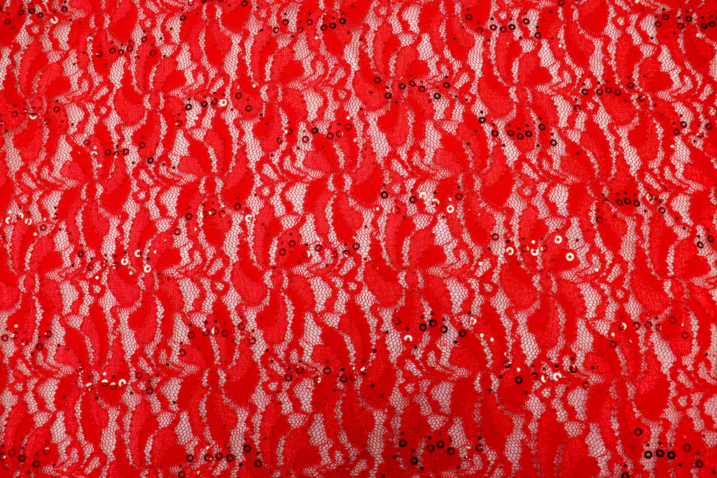 Red Floral Lace Fabric with Shiny Sequins and Light Stretch