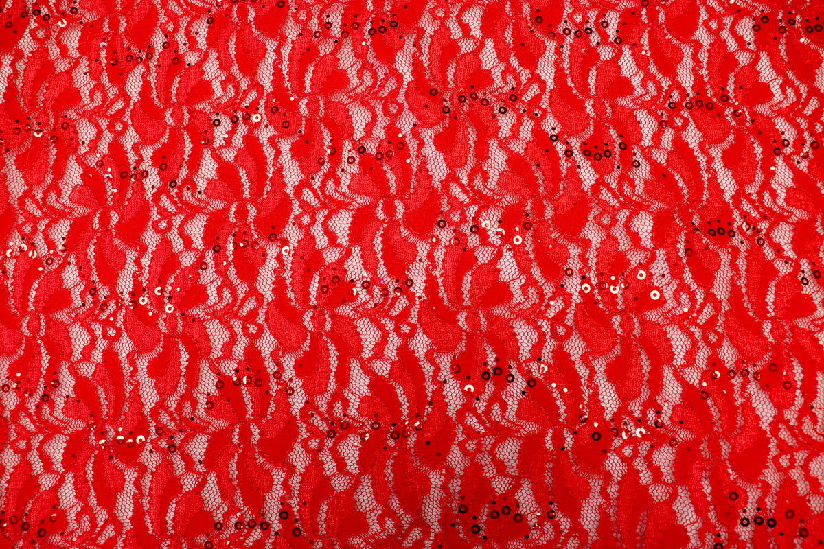 Red Floral Lace Fabric with Shiny Sequins and Light Stretch