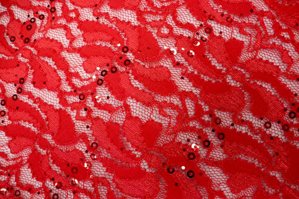 Red Floral Lace Fabric with Shiny Sequins and Light Stretch