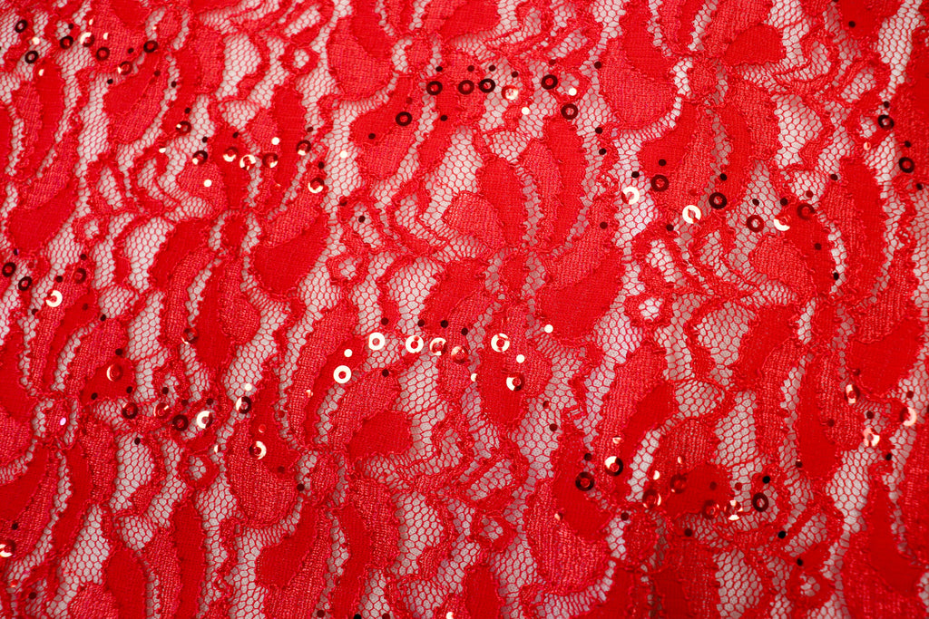 Red Floral Lace Fabric with Shiny Sequins and Light Stretch