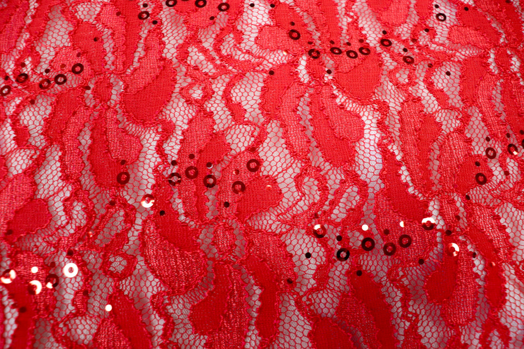 Red Floral Lace Fabric with Shiny Sequins and Light Stretch
