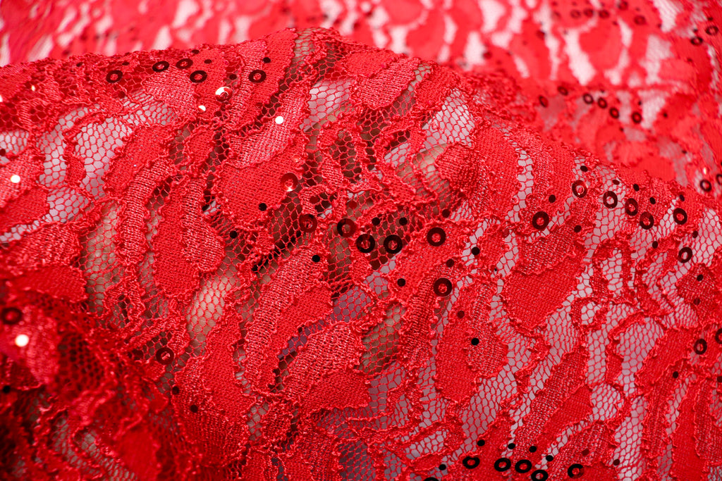 Red Floral Lace Fabric with Shiny Sequins and Light Stretch