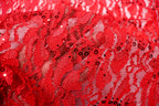 Red Floral Lace Fabric with Shiny Sequins and Light Stretch