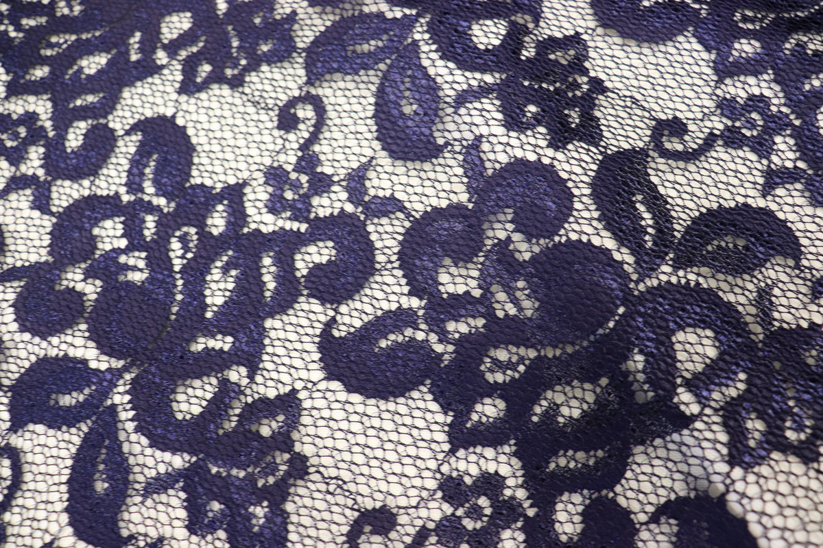 Navy Floral Mesh Lace Fabric with Stretch