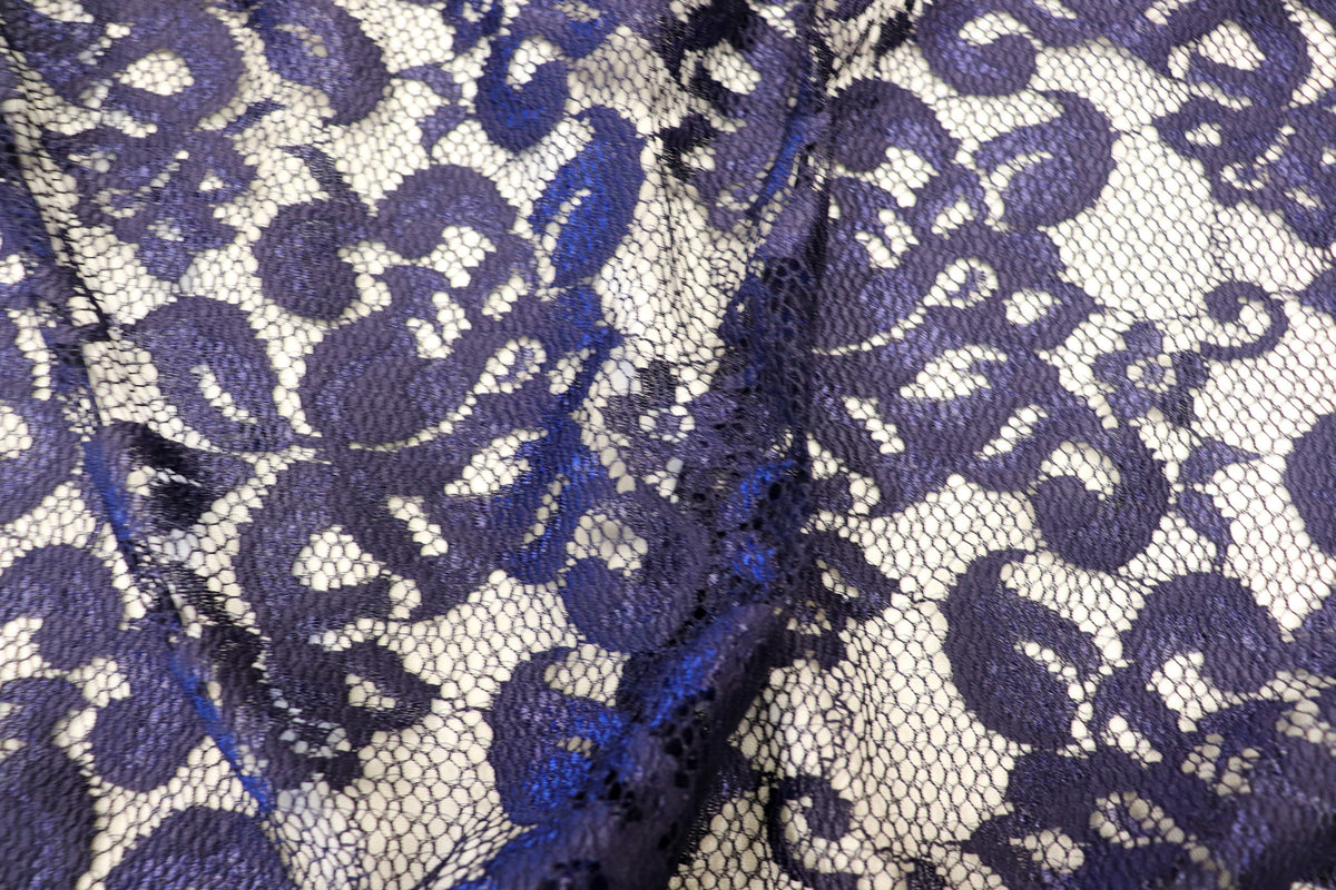 Navy Floral Mesh Lace Fabric with Stretch