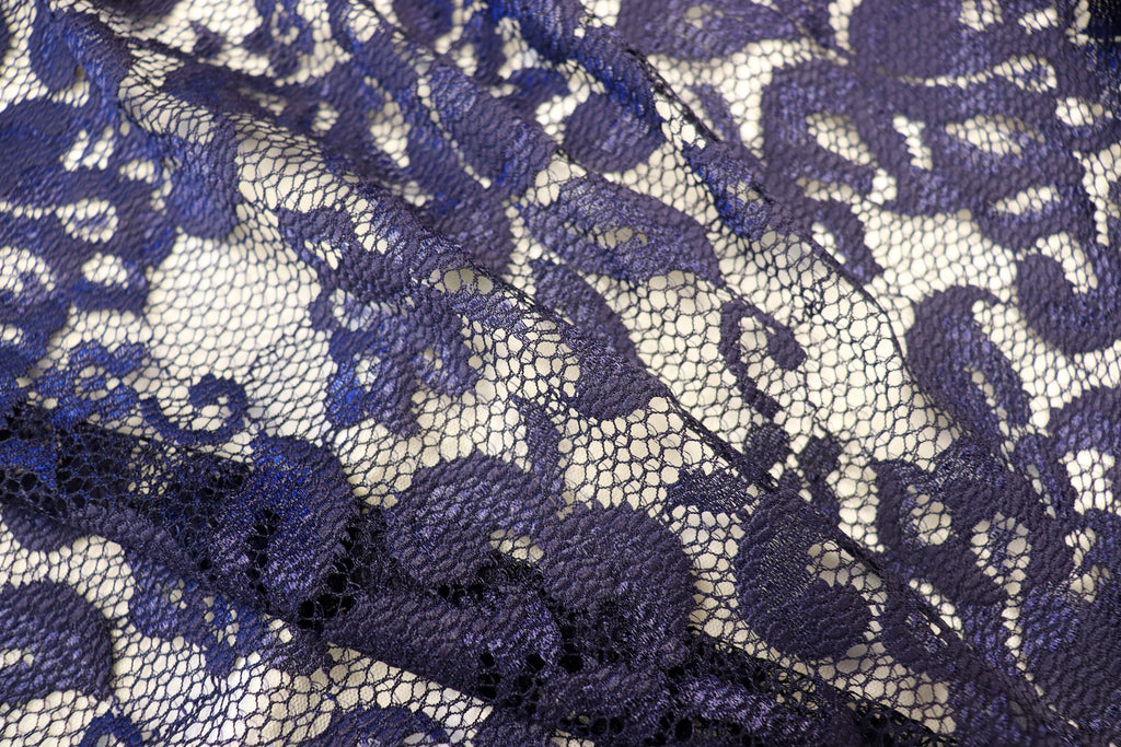 Navy Floral Mesh Lace Fabric with Stretch