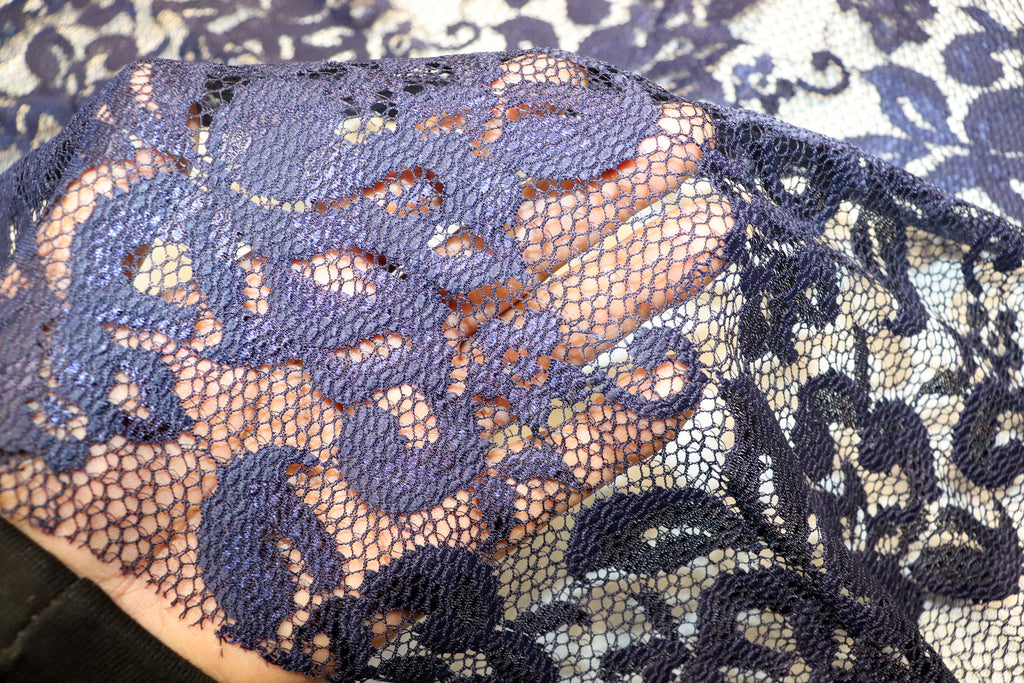 Navy Floral Mesh Lace Fabric with Stretch