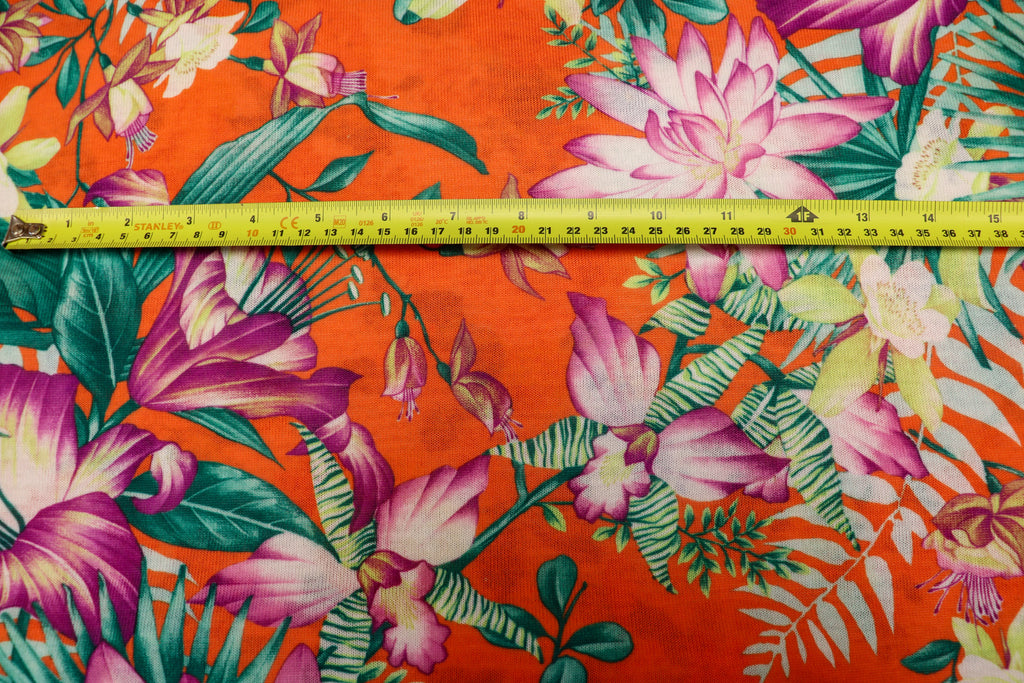 Orange Tropical Knitwear Fabric Palm Leaves Yellow Flowers