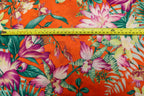 Orange Tropical Knitwear Fabric Palm Leaves Yellow Flowers