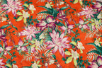 Orange Tropical Knitwear Fabric Palm Leaves Yellow Flowers