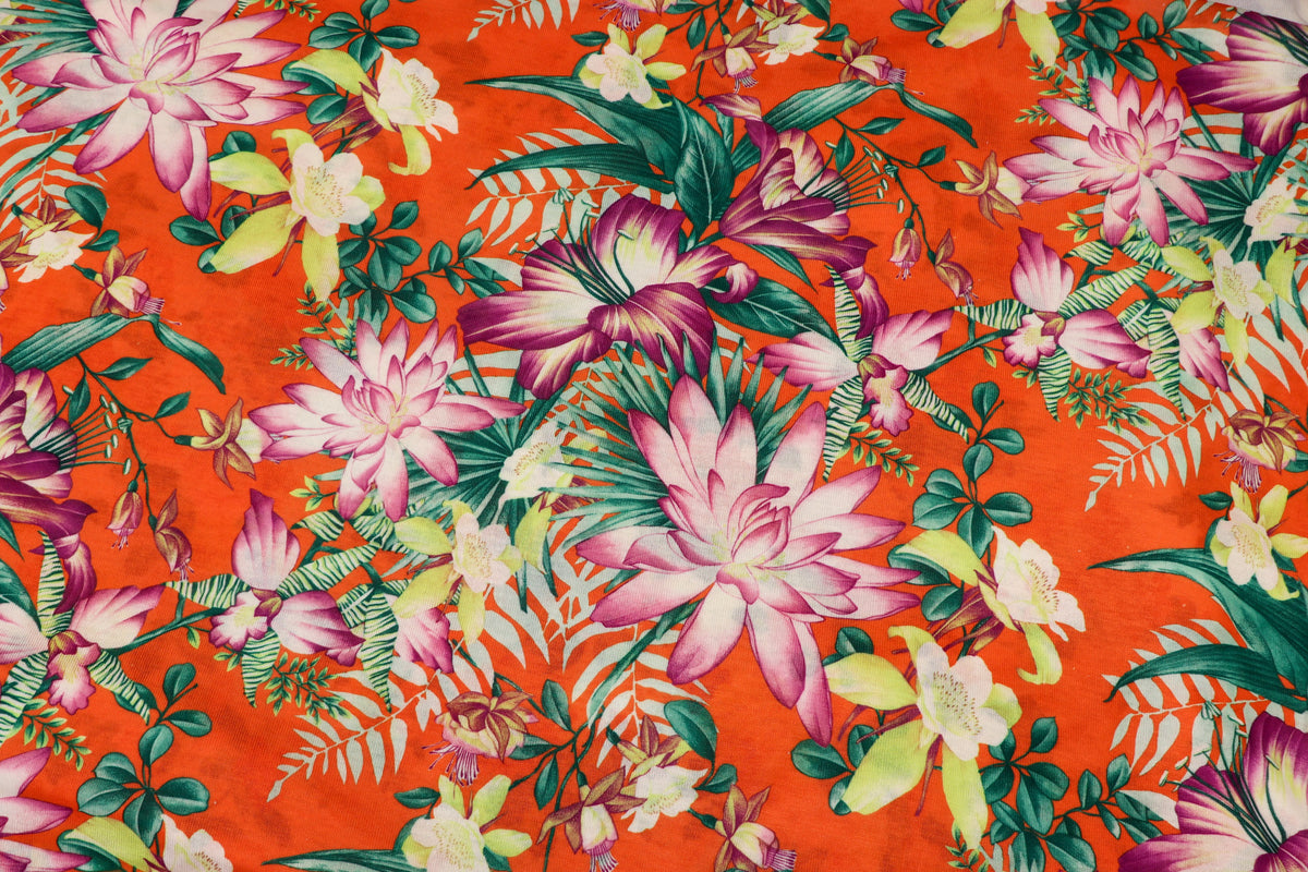 Orange Tropical Knitwear Fabric Palm Leaves Yellow Flowers