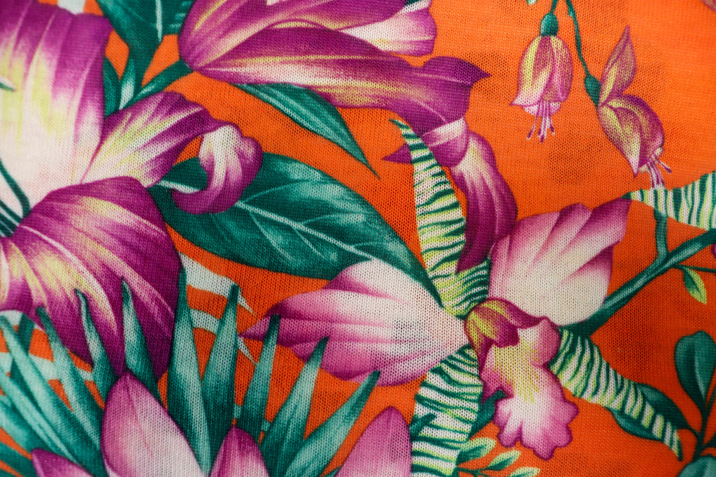 Orange Tropical Knitwear Fabric Palm Leaves Yellow Flowers