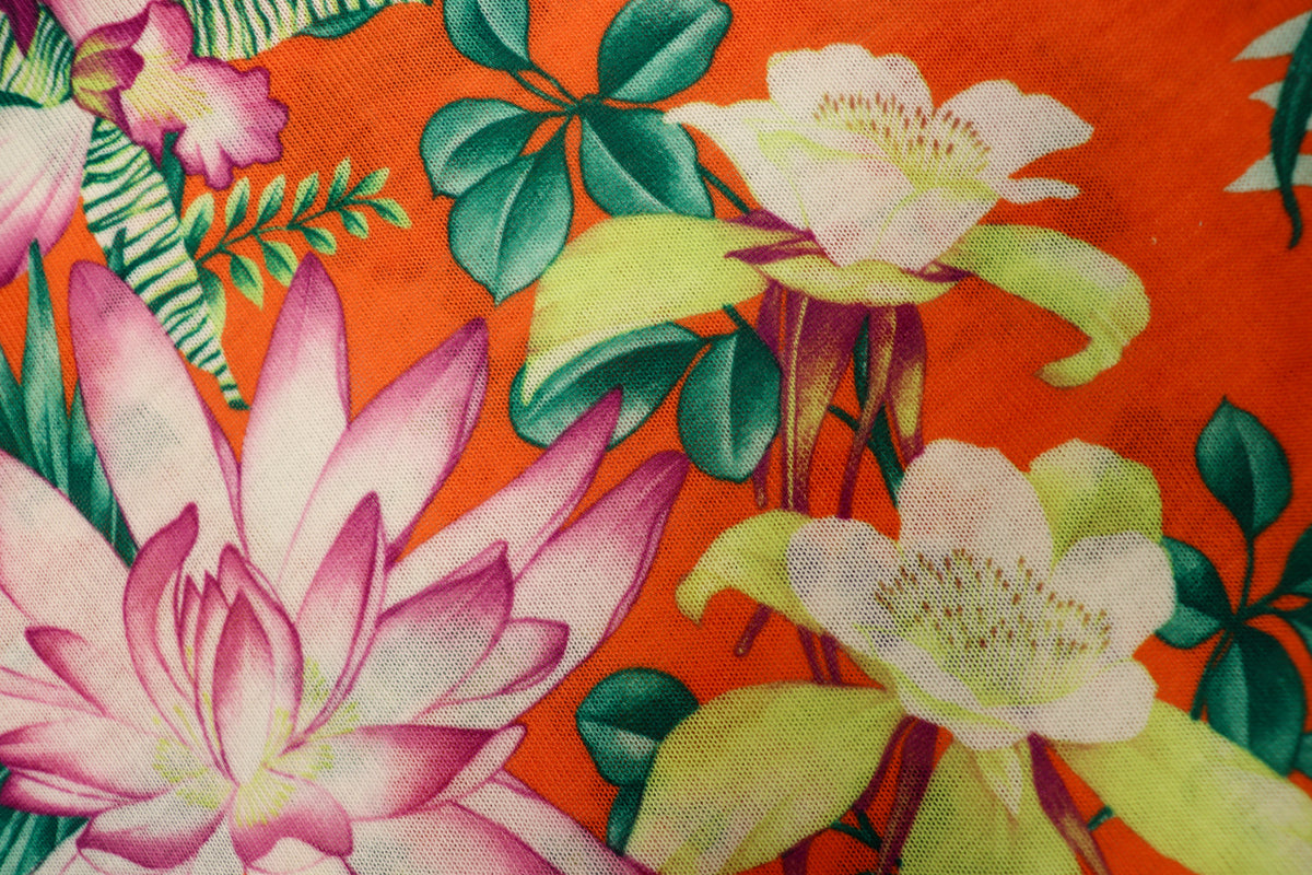 Orange Tropical Knitwear Fabric Palm Leaves Yellow Flowers