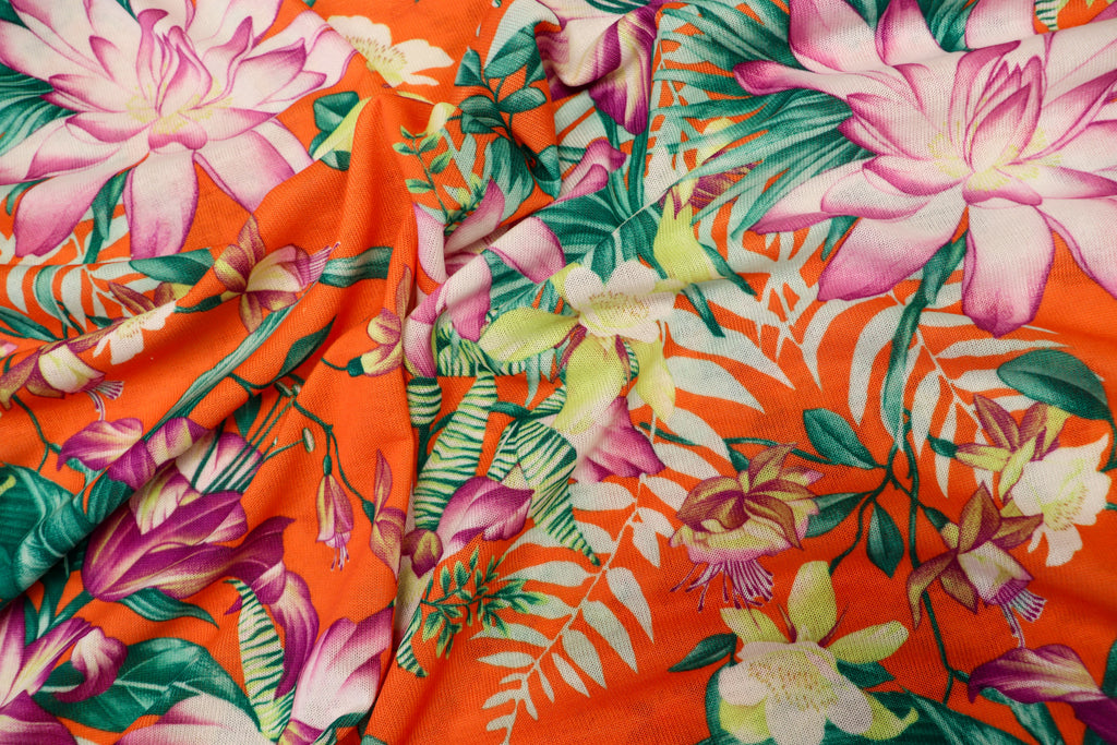 Orange Tropical Knitwear Fabric Palm Leaves Yellow Flowers