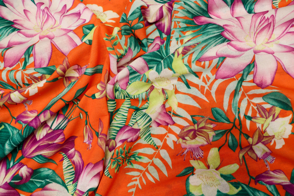 Orange Tropical Knitwear Fabric Palm Leaves Yellow Flowers