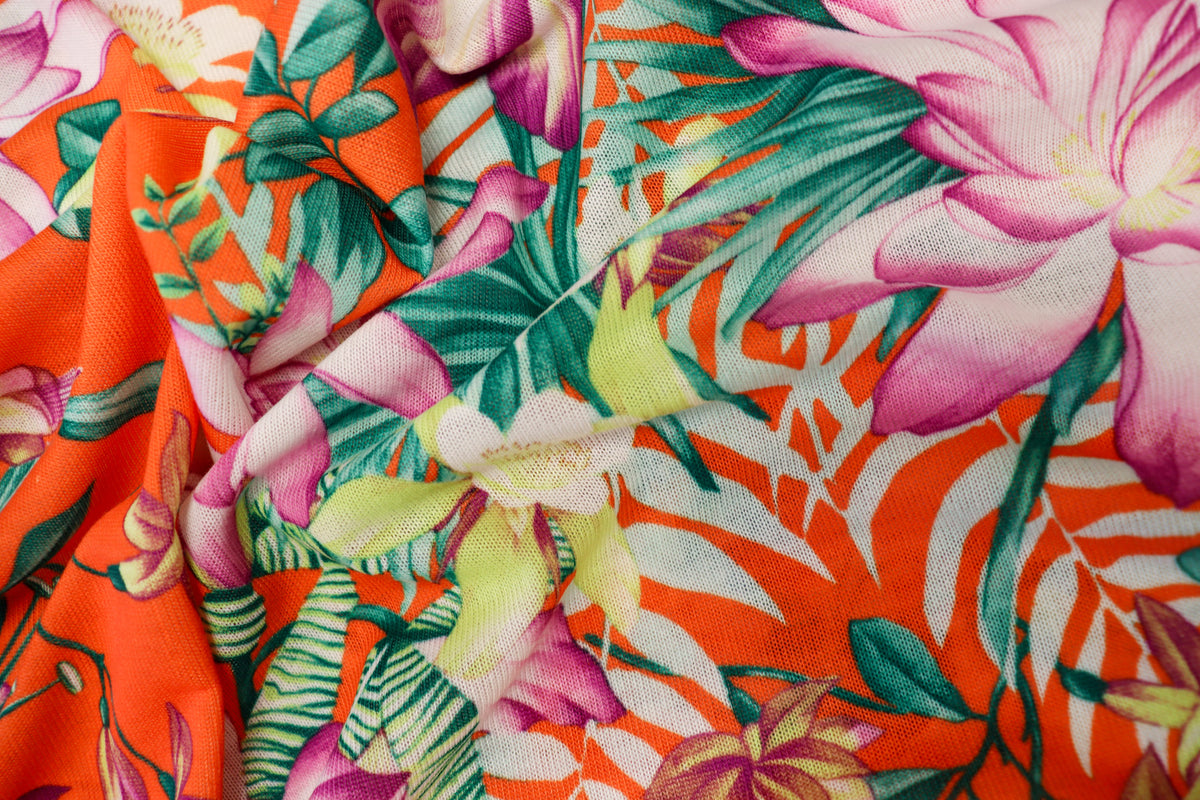 Orange Tropical Knitwear Fabric Palm Leaves Yellow Flowers