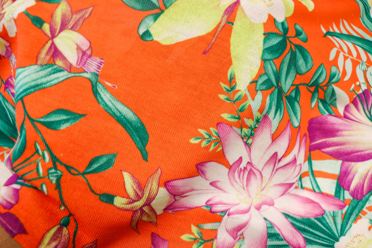 Orange Tropical Knitwear Fabric Palm Leaves Yellow Flowers