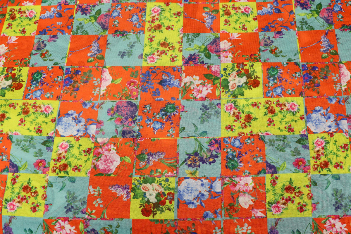 Floral Tile Knitwear Fabric Orange Teal Yellow Stretch