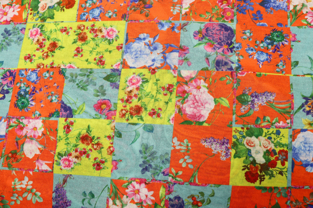 Floral Tile Knitwear Fabric Orange Teal Yellow Stretch