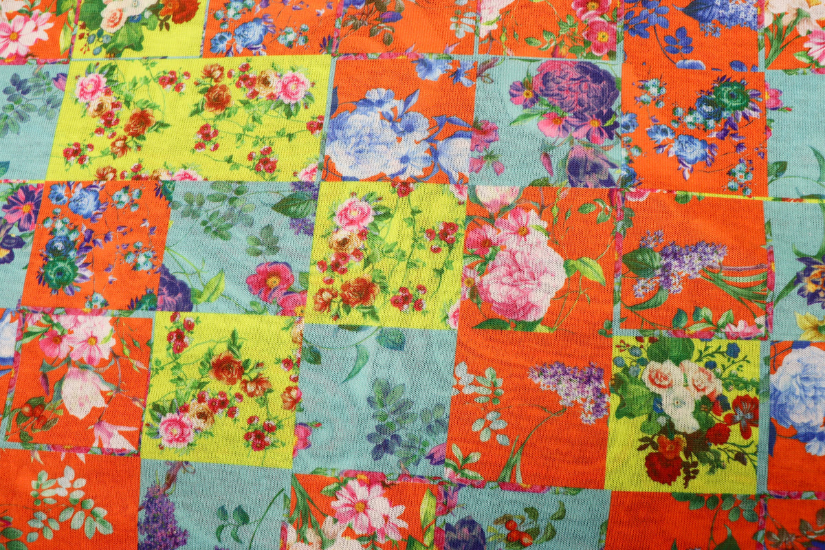 Floral Tile Knitwear Fabric Orange Teal Yellow Stretch