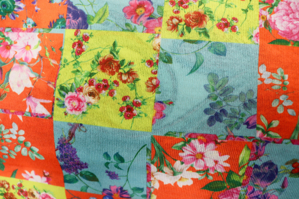Floral Tile Knitwear Fabric Orange Teal Yellow Stretch