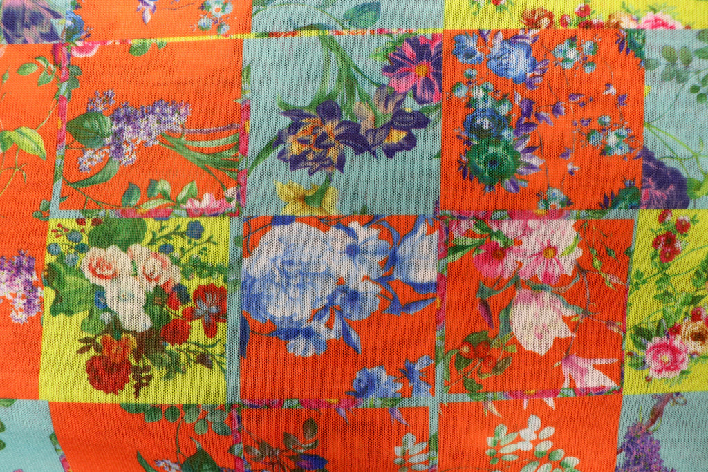 Floral Tile Knitwear Fabric Orange Teal Yellow Stretch