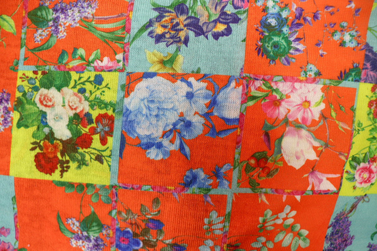 Floral Tile Knitwear Fabric Orange Teal Yellow Stretch