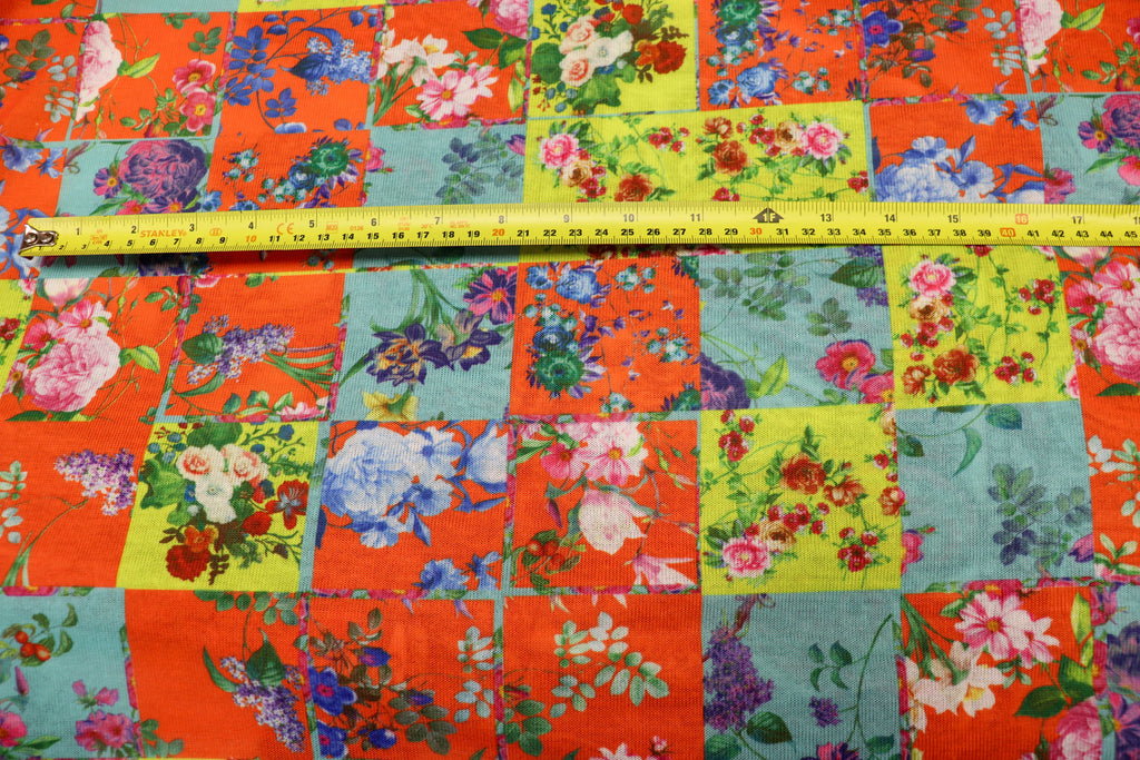 Floral Tile Knitwear Fabric Orange Teal Yellow Stretch