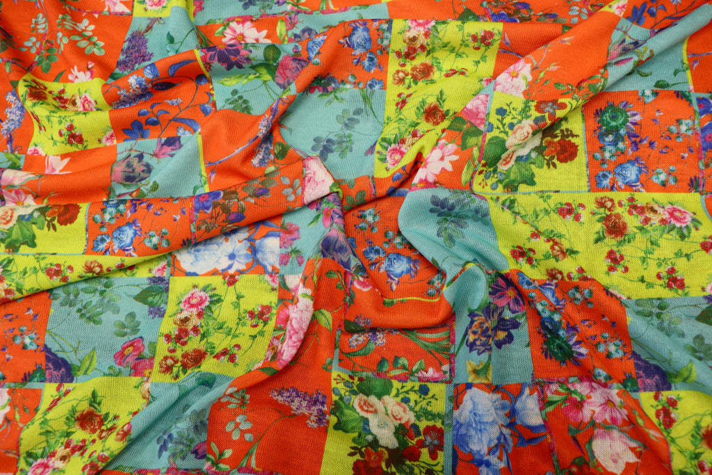 Floral Tile Knitwear Fabric Orange Teal Yellow Stretch