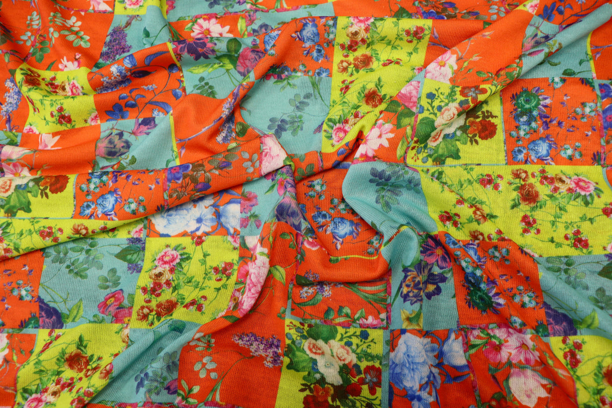 Floral Tile Knitwear Fabric Orange Teal Yellow Stretch