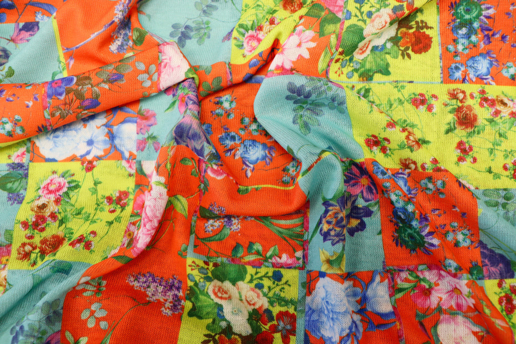 Floral Tile Knitwear Fabric Orange Teal Yellow Stretch