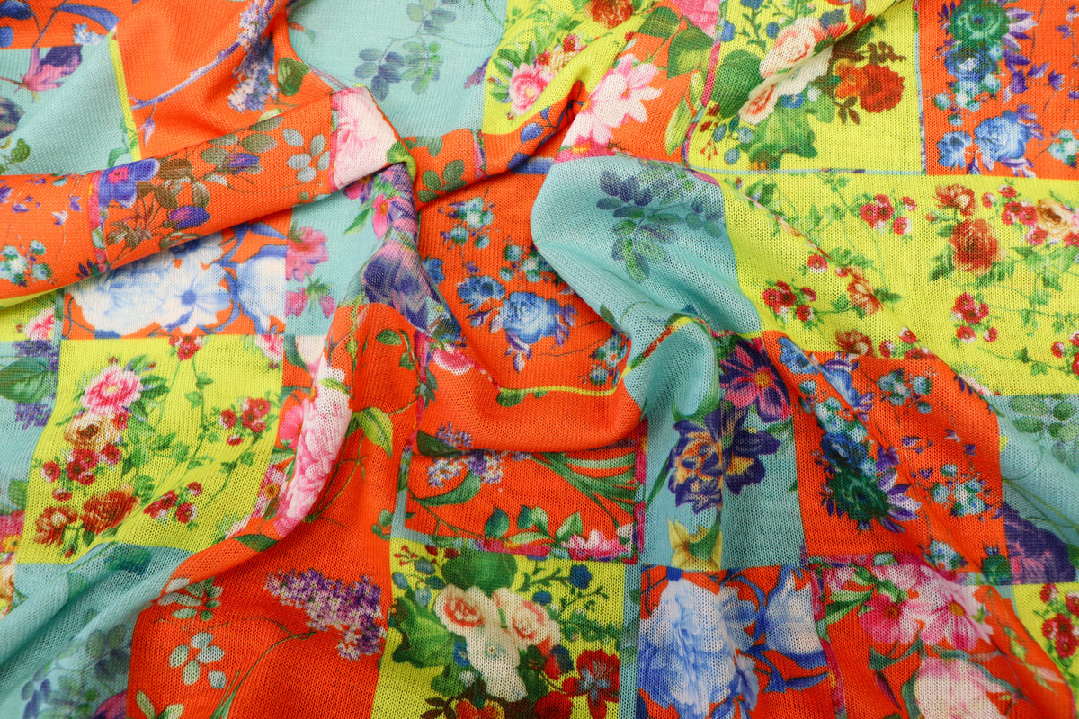 Floral Tile Knitwear Fabric Orange Teal Yellow Stretch
